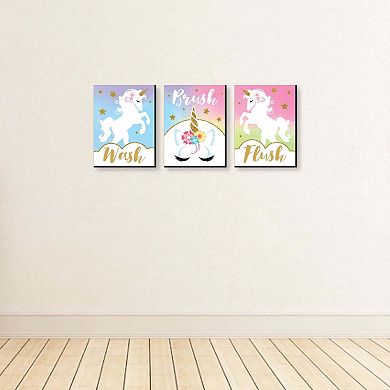 Big Dot of Happiness Rainbow Unicorn - Kids Bathroom Rules Wall Art - 7.5 x 10 inches - Set of 3 Signs - Wash, Brush, Flush