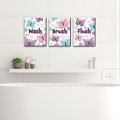 Big Dot of Happiness Beautiful Butterfly - Floral Kids Bathroom Rules Wall Art - 7.5 x 10 inches - Set of 3 Signs - Wash, Brush, Flush