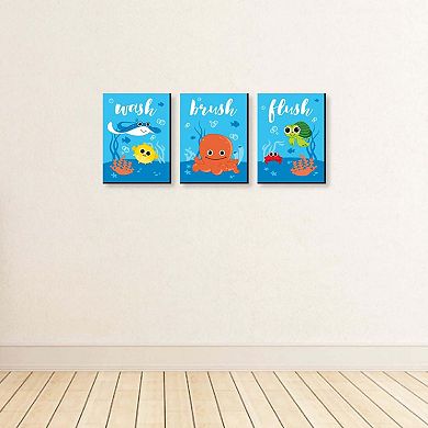 Big Dot of Happiness Under the Sea Critters - Kids Bathroom Rules Wall Art - 7.5 x 10 inches - Set of 3 Signs - Wash, Brush, Flush