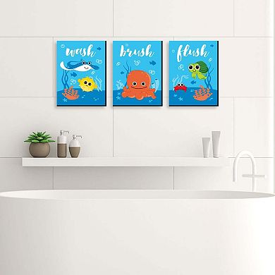 Big Dot of Happiness Under the Sea Critters - Kids Bathroom Rules Wall Art - 7.5 x 10 inches - Set of 3 Signs - Wash, Brush, Flush