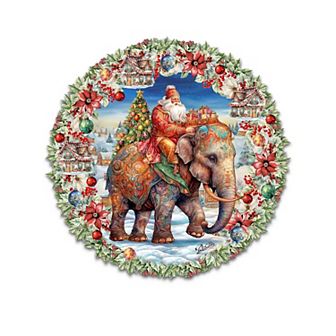 Santa on Elephant Holiday 24-Inch Handcrafted Wooden Door Decor by G. Debrekht - Christmas Decor