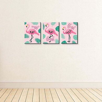 Big Dot of Happiness Pink Flamingo - Kids Bathroom Rules Wall Art - 7.5 x 10 inches - Set of 3 Signs - Wash, Brush, Flush