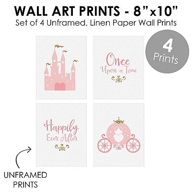 Big Dot of Happiness Little Princess Crown - Unframed Pink & Gold Castle Nursery and Kids Room Linen Paper Wall Art - Set of 4 Artisms - 8 x 10 inches