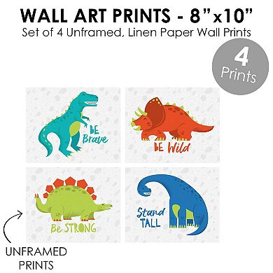 Big Dot of Happiness Roar Dinosaur - Unframed Dino Trex Nursery and Kids Room Linen Paper Wall Art - Set of 4 - Artisms - 8 x 10 inches