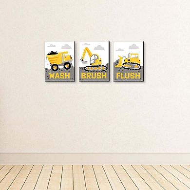 Big Dot of Happiness Dig It - Construction Party Zone - Kids Bathroom Rules Wall Art - 7.5 x 10 inches - Set of 3 Signs - Wash, Brush, Flush