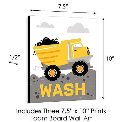 Big Dot of Happiness Dig It - Construction Party Zone - Kids Bathroom Rules Wall Art - 7.5 x 10 inches - Set of 3 Signs - Wash, Brush, Flush