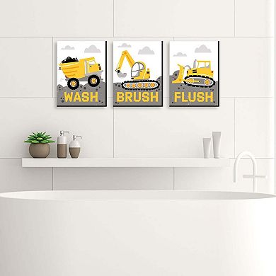 Big Dot of Happiness Dig It - Construction Party Zone - Kids Bathroom Rules Wall Art - 7.5 x 10 inches - Set of 3 Signs - Wash, Brush, Flush