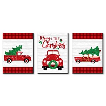 Big Dot of Happiness Merry Little Christmas Tree - Red Truck and Car Christmas Wall Art and Holiday Decorations - 7.5 x 10 in - Set of 3 Prints