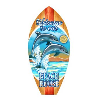 Dolphins Surfboard 24-Inch Handcrafted Wooden Door Decor by G. DeBrekht - Coastal Decor