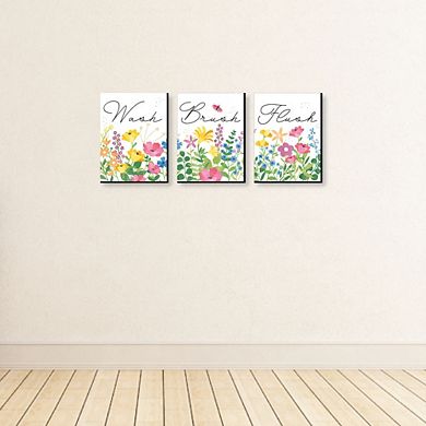 Big Dot of Happiness Wildflowers - Boho Floral Kids Bathroom Rules Wall Art - 7.5 x 10 inches - Set of 3 Signs - Wash, Brush, Flush