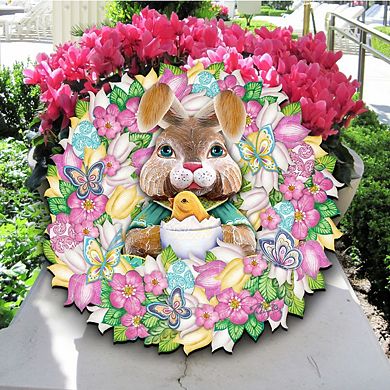 Bunny Holiday 24-Inch Handcrafted Wooden Door Wreath by G. DeBrekht - Easter Spring Decor