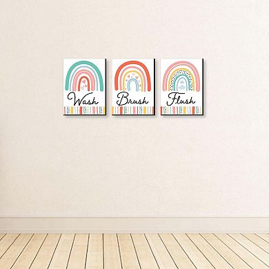 Big Dot of Happiness Hello Rainbow - Boho Kids Bathroom Rules Wall Art - 7.5 x 10 inches - Set of 3 Signs - Wash, Brush, Flush