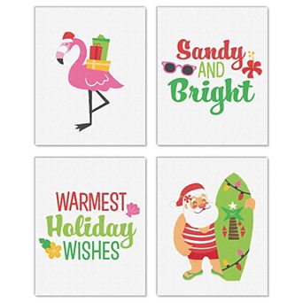 Big Dot of Happiness Tropical Christmas - Unframed Beach Santa and Flamingo Holiday Linen Paper Wall Art - Set of 4 - Artisms - 8 x 10 in