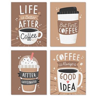Big Dot of Happiness But First, Coffee - Unframed Kitchen Linen Paper Wall Art - Set of 4 - Artisms - 8 x 10 in