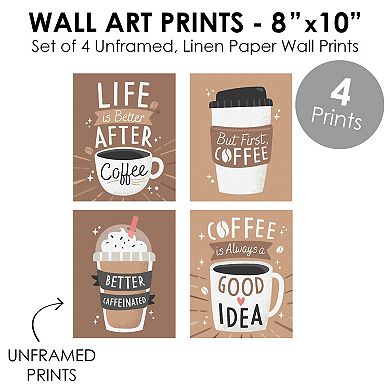 Big Dot of Happiness But First, Coffee - Unframed Kitchen Linen Paper Wall Art - Set of 4 - Artisms - 8 x 10 inches