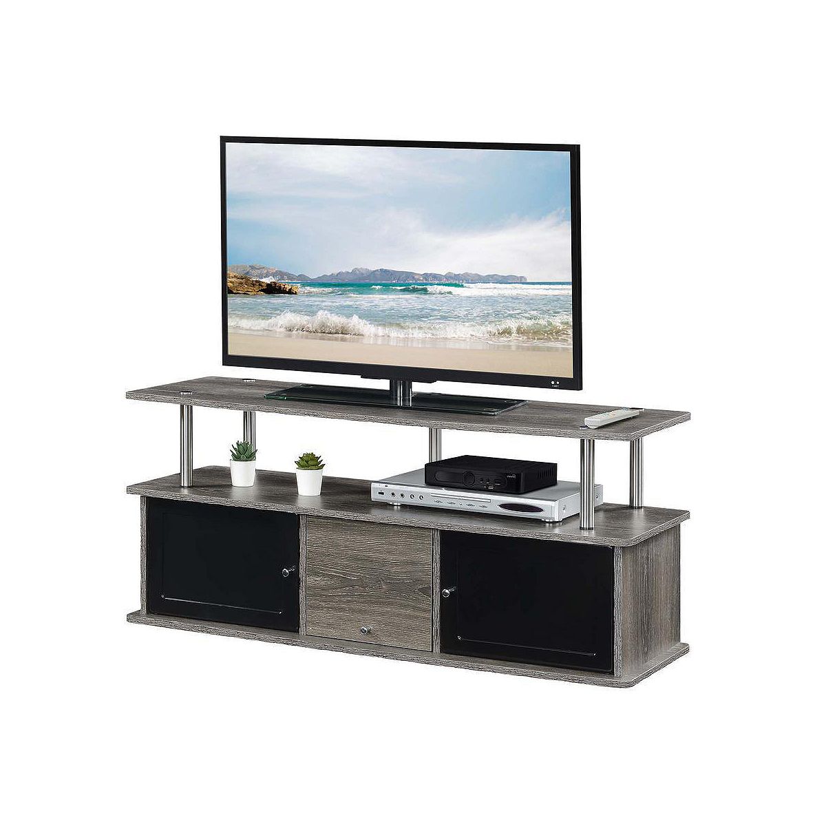 TV stand with open shelves and three cabinet doors in dark wood finish