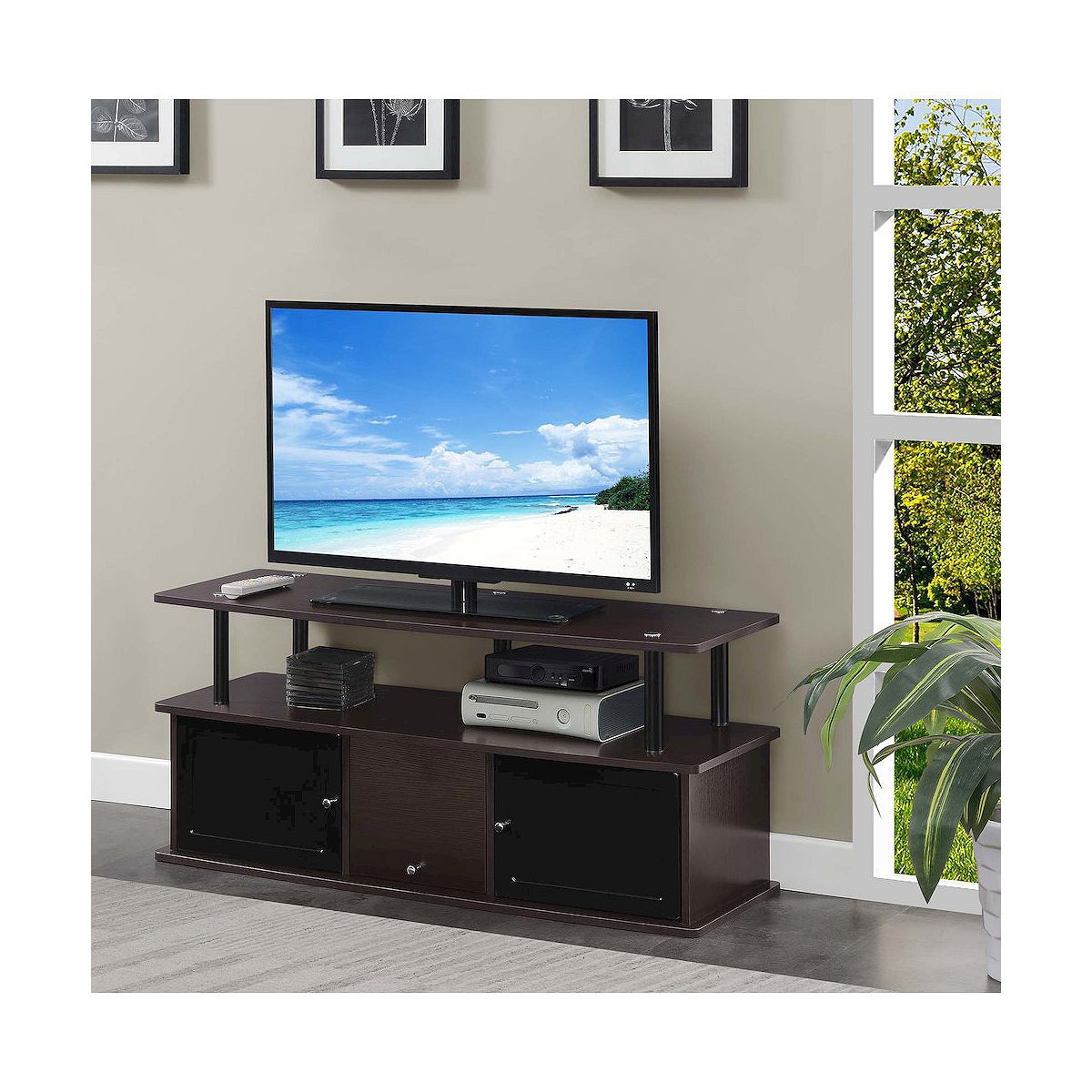 TV stand with three storage cabinets and shelf in dark wood finish
