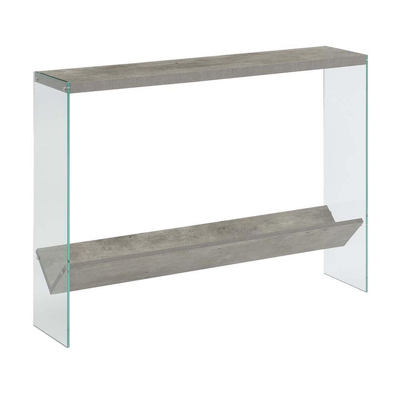 Console table with shelf, grey wood top and clear glass sides