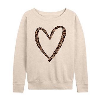 Women's Leopard Print Heart Outline French Terry Long Sleeve Tee
