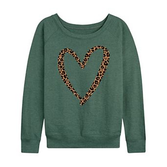 Women's Leopard Print Heart Outline French Terry Long Sleeve Tee
