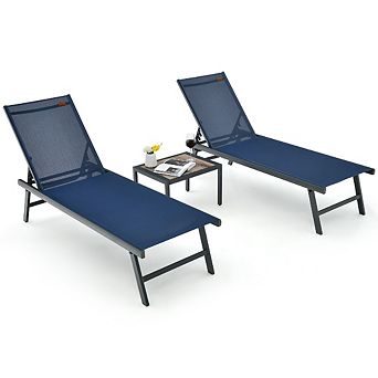 3 pc Patio Chaise Lounge Set- Adjustable Reclining Chairs, Side Table for Poolside Deck and Backyard