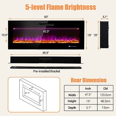 50in Wall Mounted Recessed Electric Fireplace with Decorative Crystal and Log - 50in