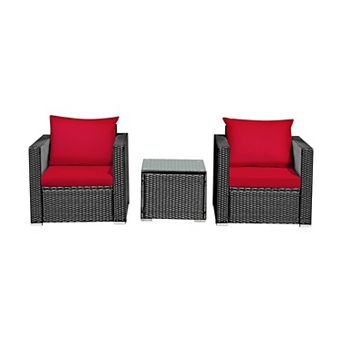 3 pc Patio Furniture Set with Rattan Chairs, Cushions and Square Coffee Table for Outdoor Lounge
