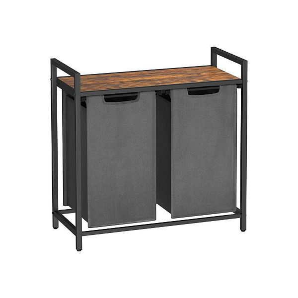 Laundry Hamper With Top Shelf And Pullout Bags, Metal Frame, 2 Oxford