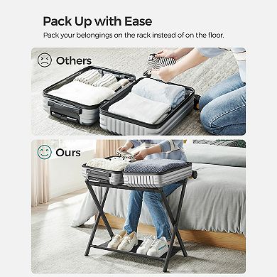 Luggage Rack For Guest Room, Suitcase Stand With Storage Shelf, Steel Frame, Foldable