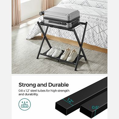 Luggage Rack For Guest Room, Suitcase Stand With Storage Shelf, Steel Frame, Foldable