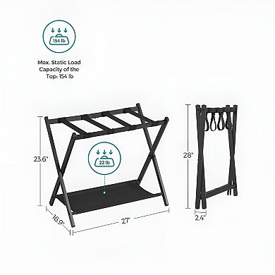 Luggage Rack For Guest Room, Suitcase Stand With Storage Shelf, Steel Frame, Foldable