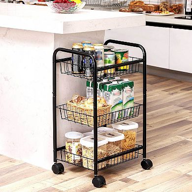 3-tier Metal Rolling Cart on Wheels with Baskets, Lockable Utility Trolley with Handles