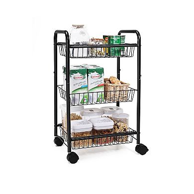3-tier Metal Rolling Cart on Wheels with Baskets, Lockable Utility Trolley with Handles