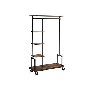 Clothes Rack, Clothing Rack on Wheels, 5 tier Garment Rack with Metal Pipes, Rustic Brown