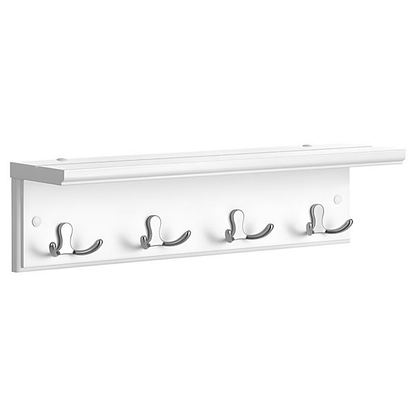 Entryway Hanging Coat Rack, with 4 Double Hooks, Wall Floating Shelf, White