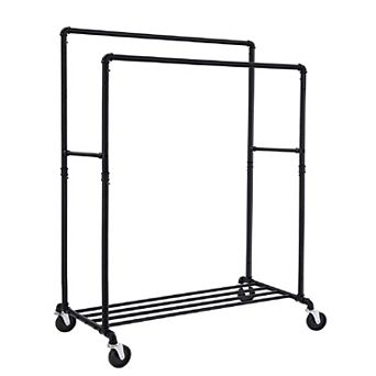 Industrial Pipe Clothes Rack Double Rail on Wheels with Commercial Grade Clothing Hanging