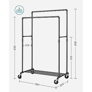 Industrial Pipe Clothes Rack Double Rail on Wheels with Commercial Grade Clothing Hanging