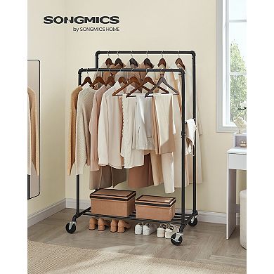 Industrial Pipe Clothes Rack Double Rail on Wheels with Commercial Grade Clothing Hanging
