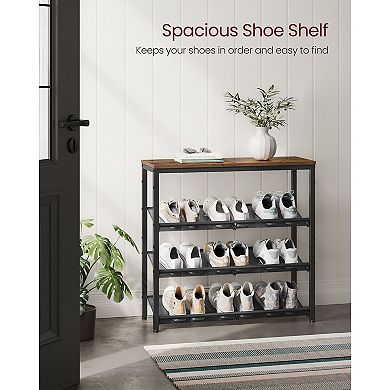 4-Tier Shoe Rack with Adjustable Shelves, Fits 12-15 Pairs, Rustic Brown and Black Design
