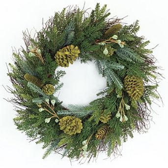 Mixed Winter Pine Wreath With Pinecone And Twig Accent 23"d
