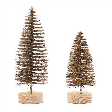 Led Lighted Bottle Brush Tree With Wood Base (Set of 4)