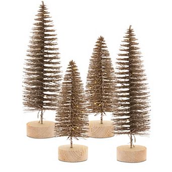 Led Lighted Bottle Brush Tree With Wood Base (Set of 4)