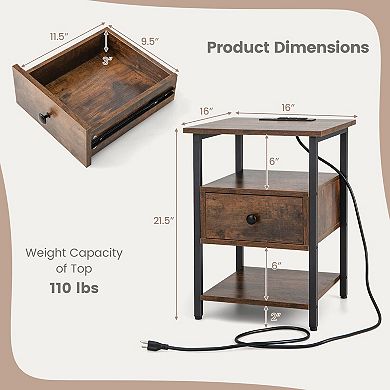 3-Tier Nightstand with Charging Station and Drawer-Set of 2