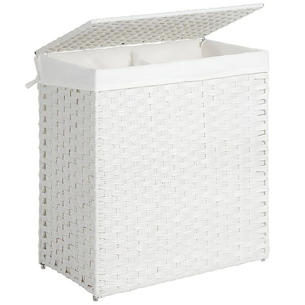 Synthetic Rattan Laundry Hamper with Lid, 2 Sections Removable Liner Bag