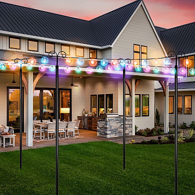 String Light Poles 2 Pack Outdoor Metal Poles with Top Arc Hook and 5-Prong Base