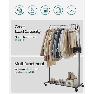 Clothes Rack with Wheels, Garment Rack, with Dense Mesh Shelf, 2 Brakes, Sturdy Steel Frame