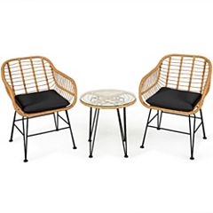 3 Pieces Patio Wicker Furniture Set with 2-Tier Side Table and Cushioned Armchairs-Natural