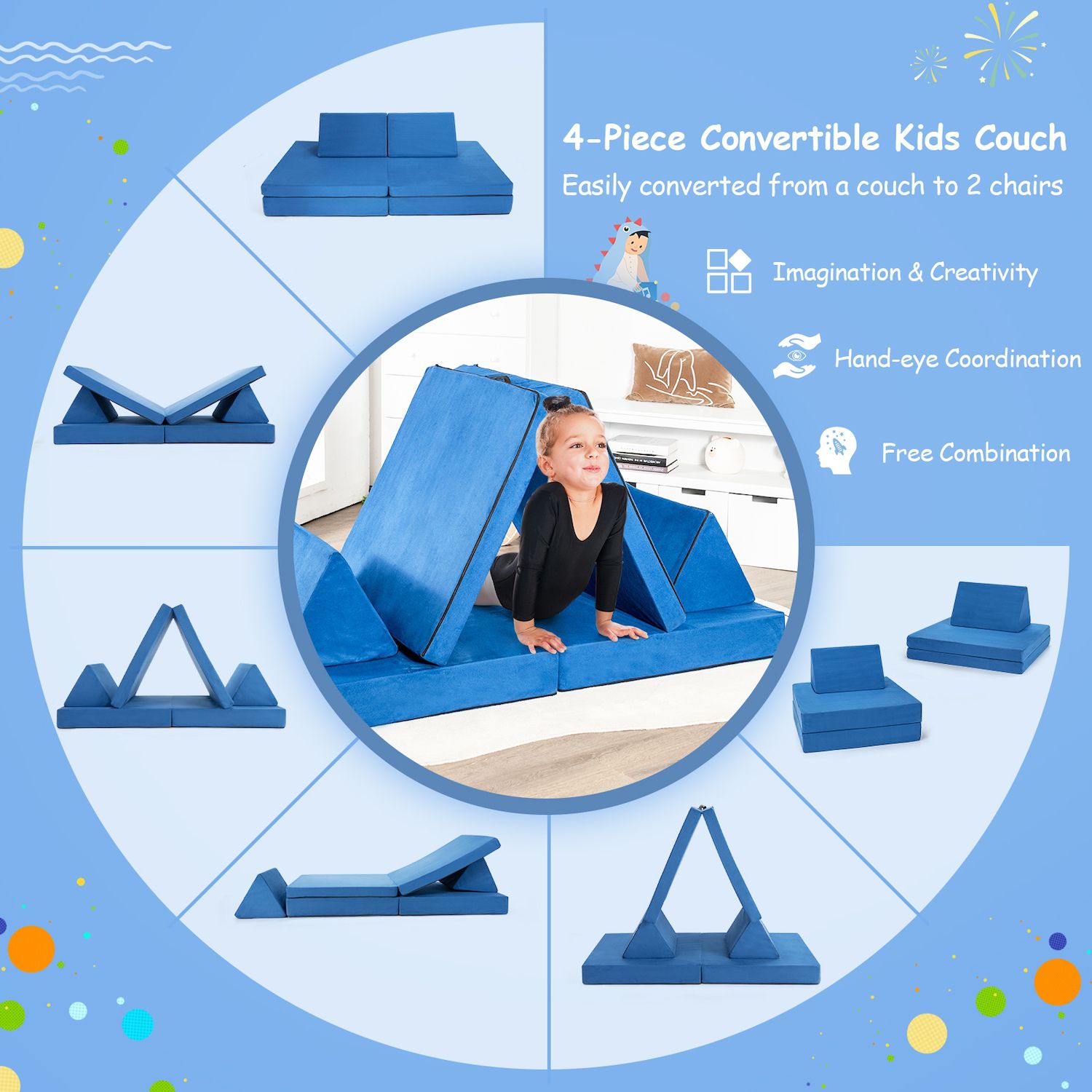 4 Pieces Convertible Kids Couch Set With 2 Folding Mats   6714744 ALT4