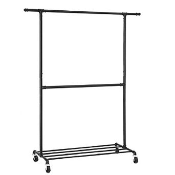 Double Hanging Rod Metal Clothing Rack, Industrial Style Clothes Garment Rack on Wheels