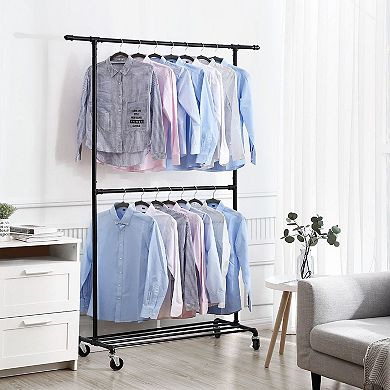 Double Hanging Rod Metal Clothing Rack, Industrial Style Clothes Garment Rack on Wheels